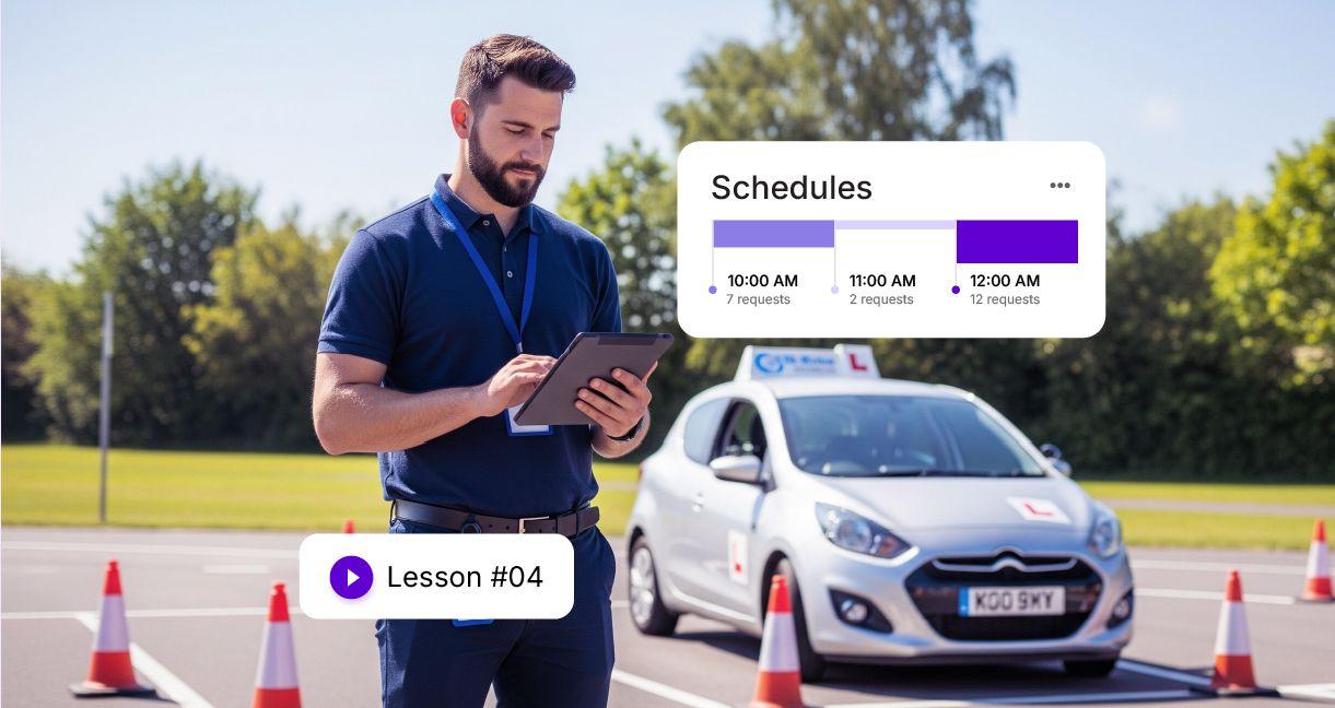 Driving instructor using a tablet to manage lesson schedules beside a training car, highlighting the use of driving training software for schools.