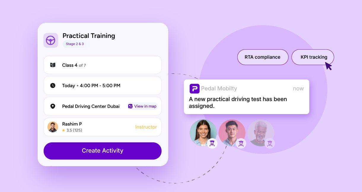 Dashboard interface of a driving school app displaying a scheduled practical training session, including class number, time, location, and assigned instructor. A notification indicates a new driving test assignment. 