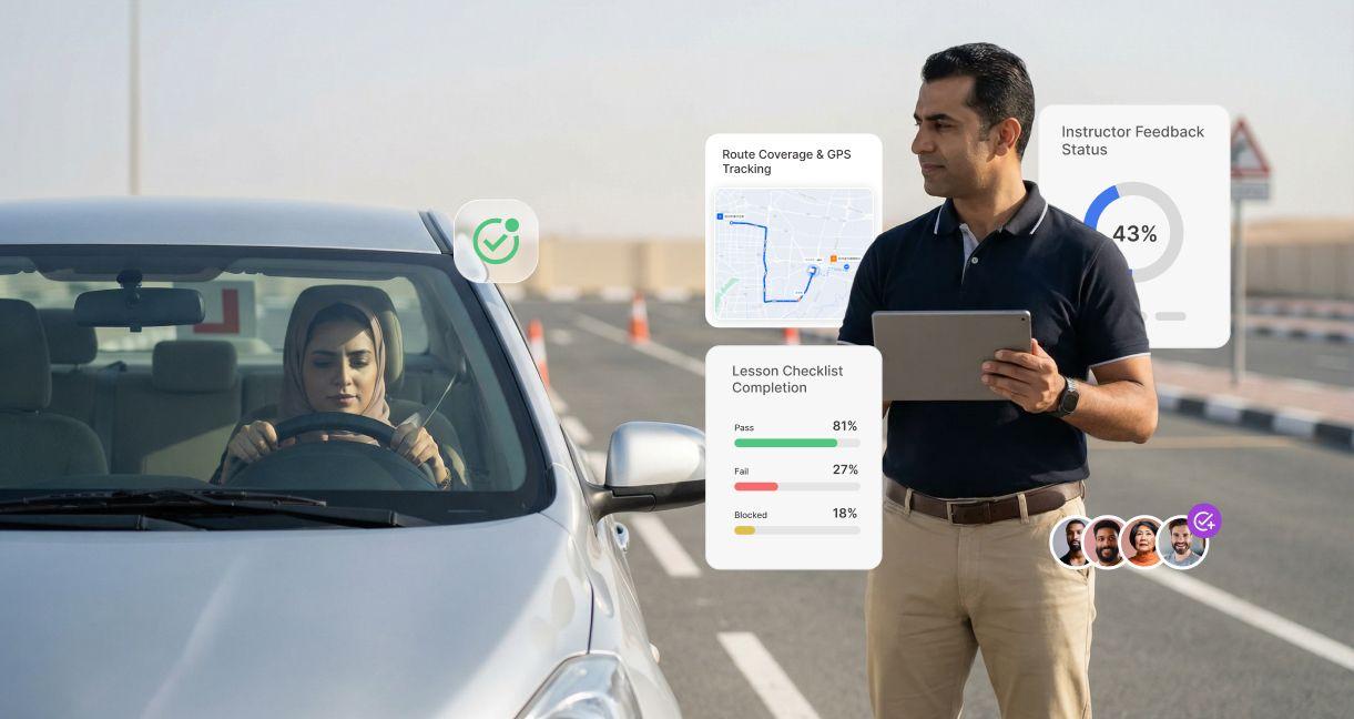 Driving instructor monitoring a learner driver using tablet-based driving software with GPS tracking, lesson checklist, and instructor performance dashboard.