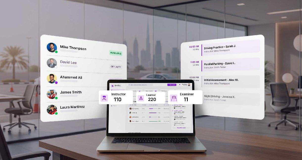 Driving school management software dashboard showing learner scheduling, instructor availability, and operational insights in a UAE driving centre