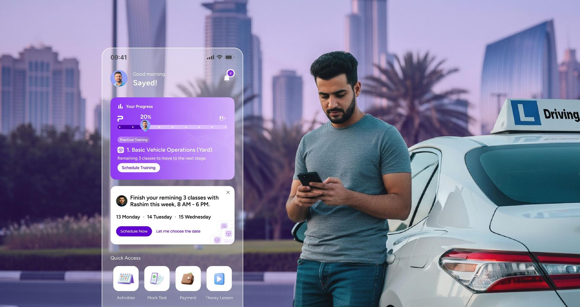 A man stands next to a driving school car with an "L" sign, looking at his smartphone. A futuristic driving training app interface is overlaid, showing his progress in practical training and upcoming class schedule. Modern skyscrapers and palm trees are v