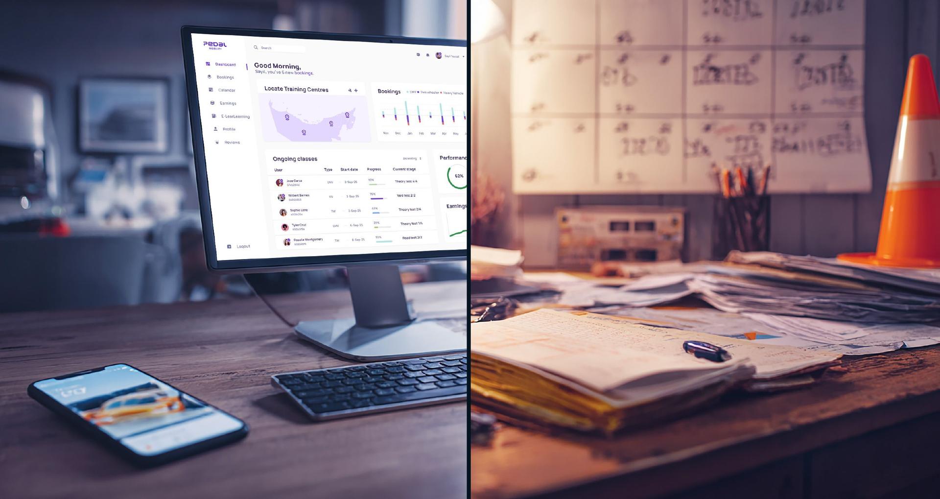 Split-screen comparison showing modern driving school software interface on a computer vs. cluttered desk with paper records and manual scheduling tools.