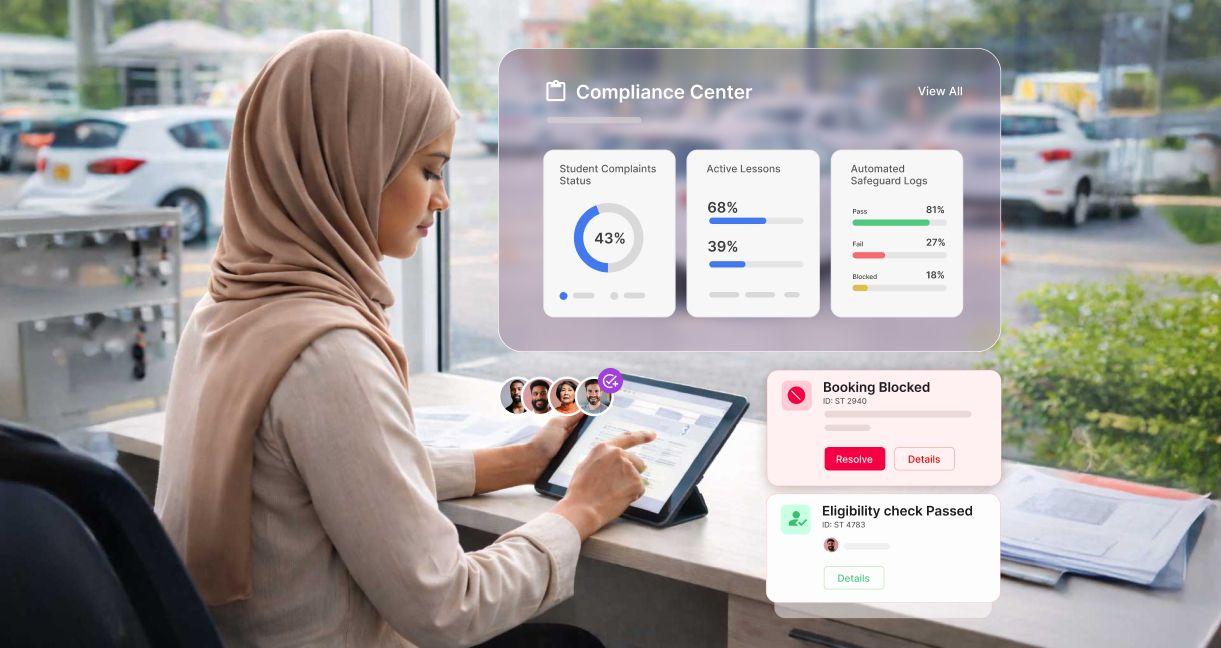 Driving school administrator using intelligent compliance software to monitor learner eligibility, bookings, and regulatory safeguards in real time
