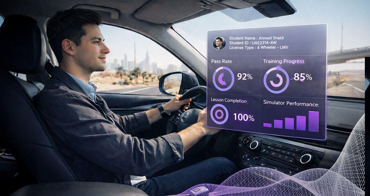 Driver undergoing a digital driving test on an automated testing track, with real-time performance metrics such as pass rate, training progress, and simulator results displayed on a smart dashboard.