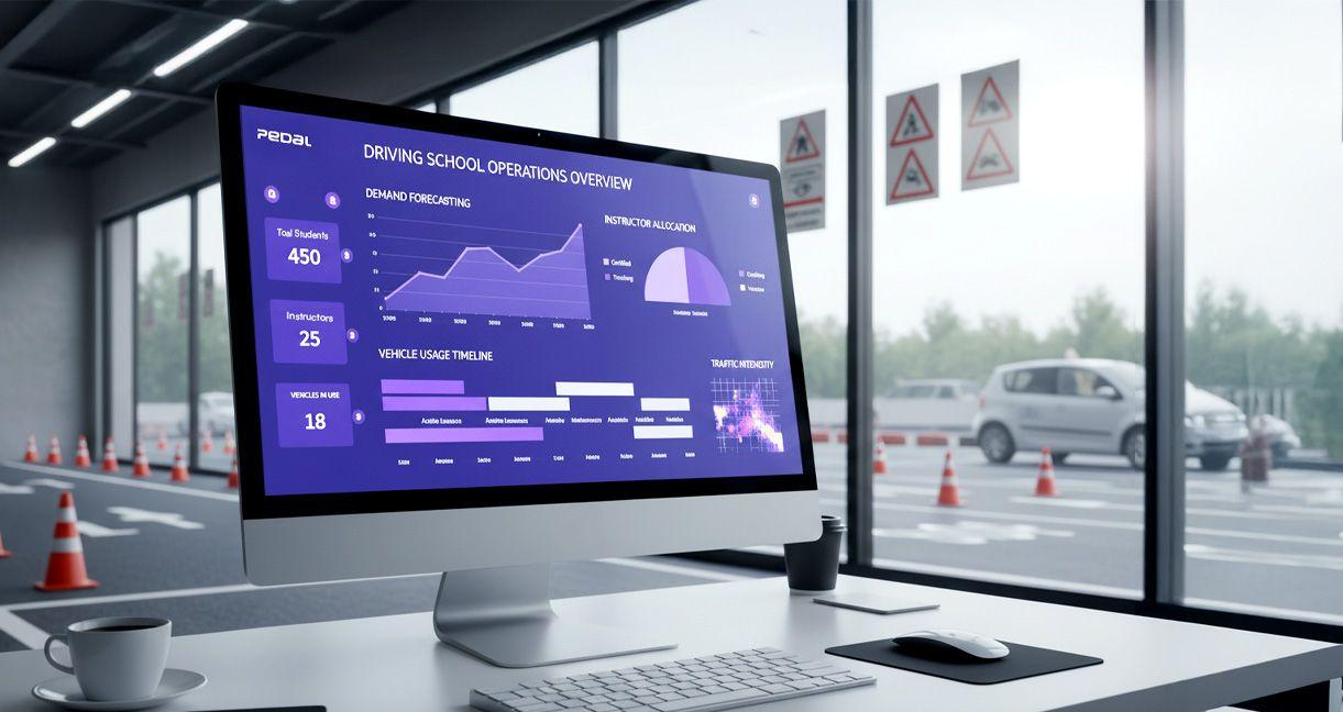 Dashboard on a desktop screen inside a driving school showing demand forecasting charts, instructor allocation graphs, and vehicle usage timelines, illustrating how predictive analytics supports driving school operations.