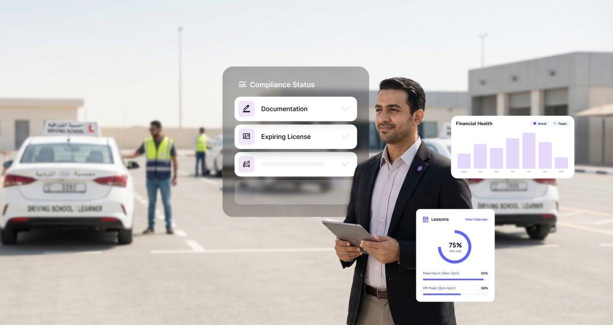 Driving school administrator using software dashboard to track compliance, lessons, and performance in UAE driving training environment
