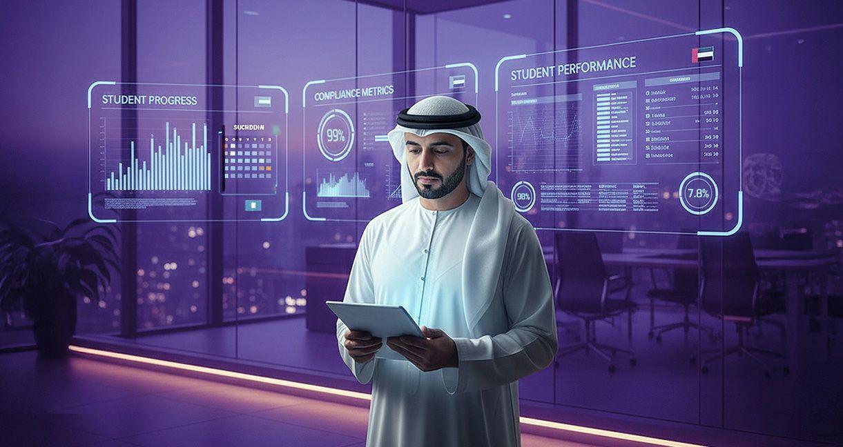 An Emirati man using a digital tablet in a modern office with holographic dashboards displaying student progress, compliance metrics, and performance analytics, symbolizing the UAE’s shift toward smart, data-driven driver education systems.