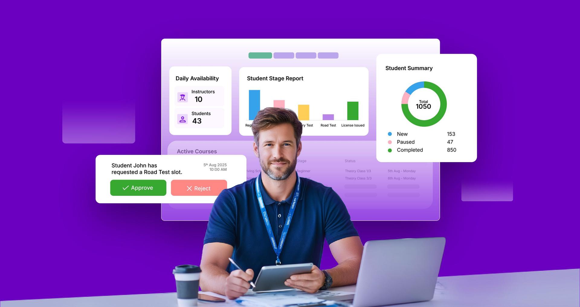 Driving school software dashboard showing student progress, scheduling, and compliance tools for modern driving centre management.