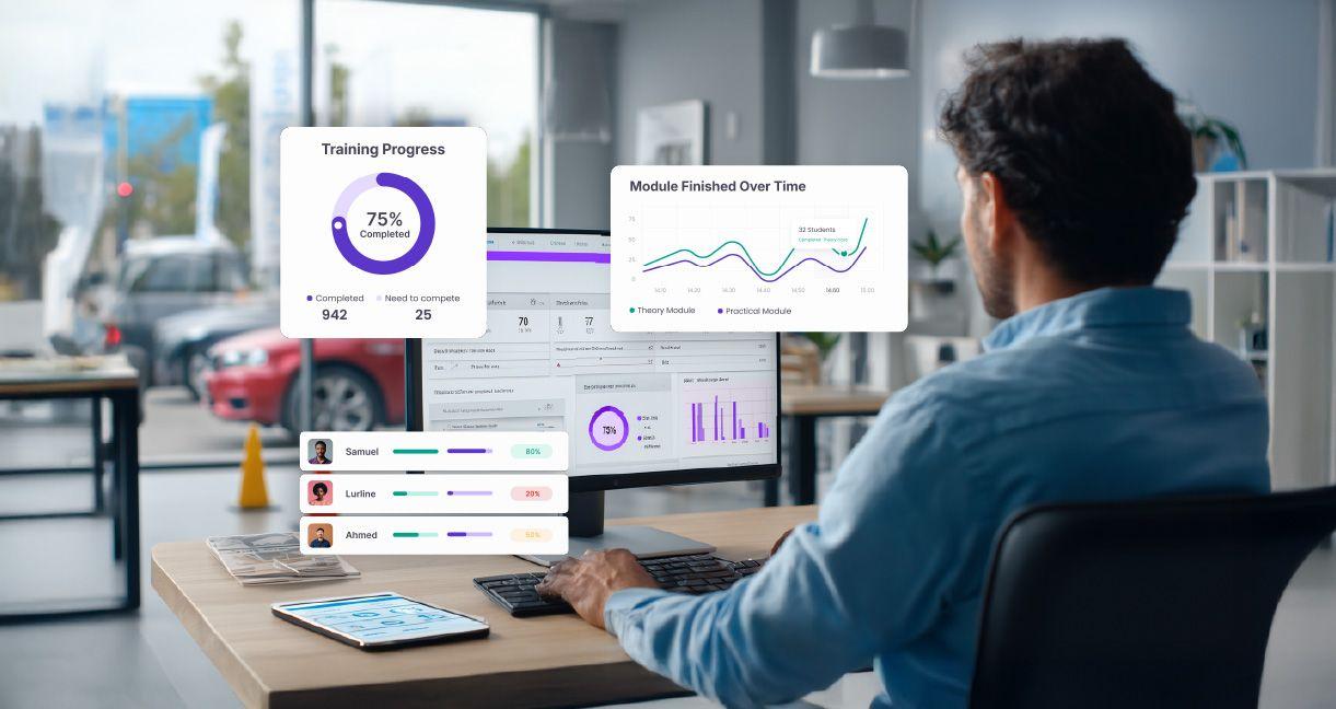 Instructor analyzing student training progress and performance data on a digital dashboard with real-time charts and completion metrics in a driving school management system.