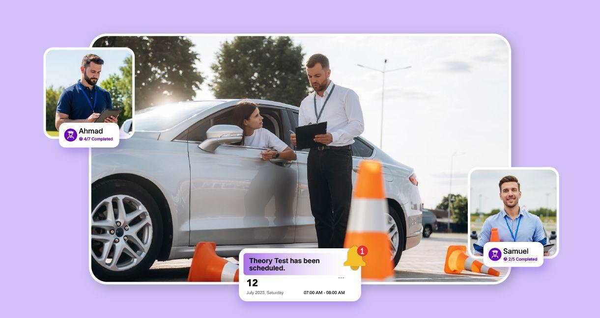 Driving instructor using a tablet to guide a learner driver beside a car during a driving test session, with digital progress tracking and notifications displayed, representing Pedal Mobility’s digital instructor performance tracking system.