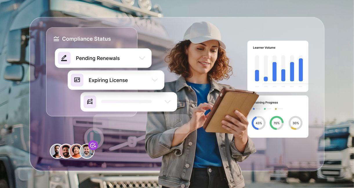 Driver compliance management system dashboard showing learner volume, training progress, and compliance status at a driving centre