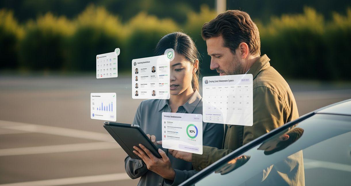 Driving instructor and student reviewing personalized training data on a tablet using driving school software beside a car