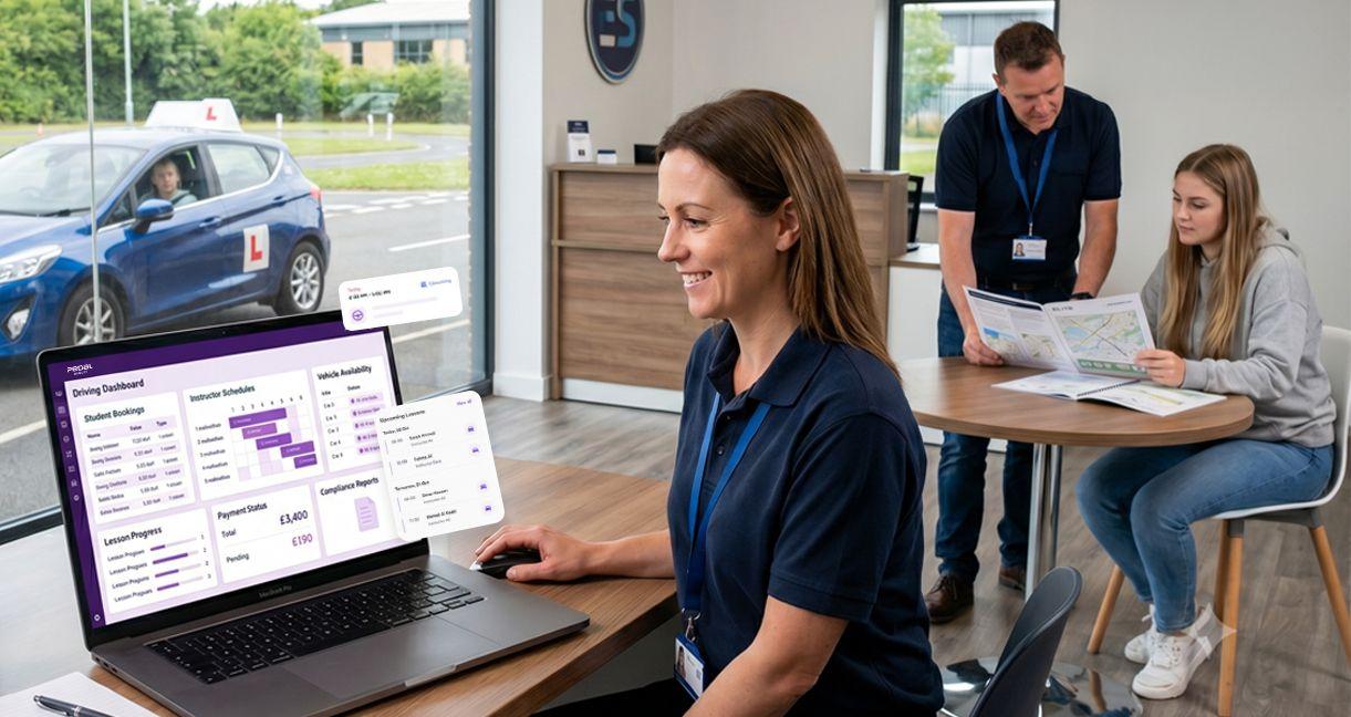 Driving school staff using a cloud-based management system to coordinate student bookings, instructor schedules, and compliance tasks at a UAE training centre.