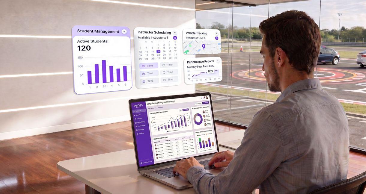 Driving school manager using driving school management software dashboard for student scheduling, instructor allocation, and vehicle tracking