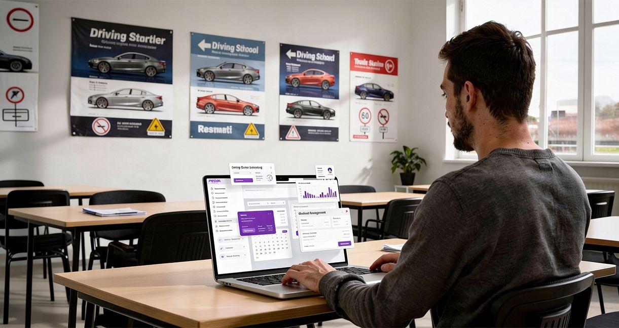 Driving school manager using scheduling software to optimize instructor allocation and lesson planning in a classroom