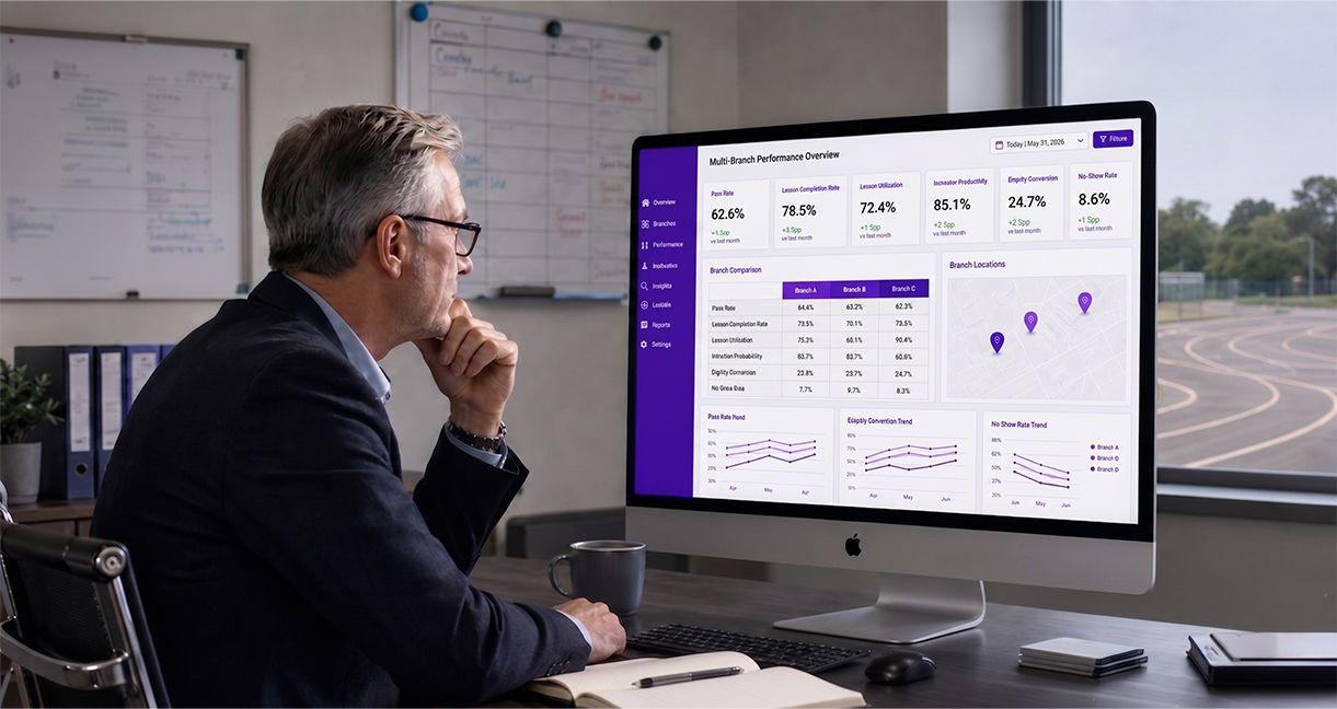 Business owner reviewing a driving school KPI dashboard showing pass rates, lesson utilization, instructor productivity, and conversions.