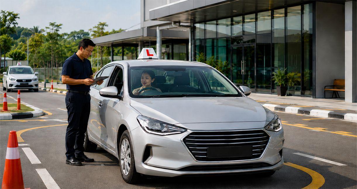 Driving instructor using a tablet beside a learner driver at a modern driving school, representing digital compliance and training management in Southeast Asia.