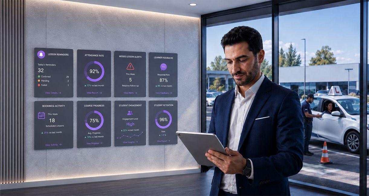 Driving school manager using a tablet to monitor student retention, lesson reminders, attendance, learner engagement, and course progress through a digital communication dashboard.