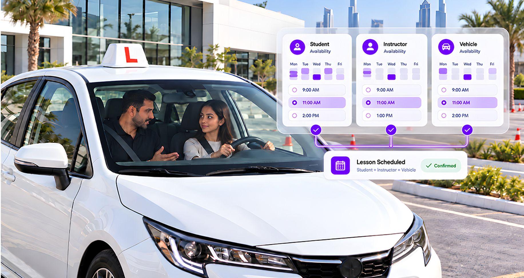 Driving school software coordinating student, instructor, and vehicle availability through a unified lesson scheduling system.