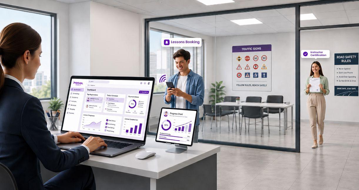 Driving school management software streamlining student registration, lesson booking, progress tracking, and instructor certification.