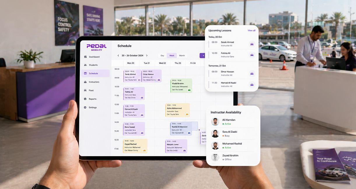 Pedal Mobility scheduling software for driving schools displayed on a tablet with instructor availability and upcoming lessons.