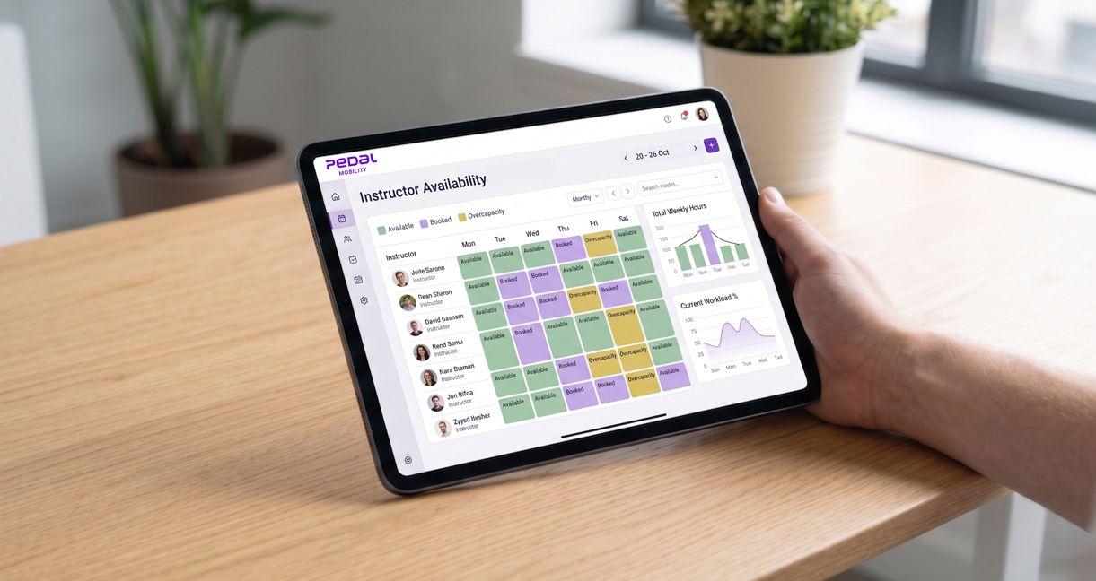 Pedal Mobility instructor management dashboard displayed on a tablet, showing real-time instructor availability, lesson schedules, workload distribution, and capacity tracking for driving school operations.