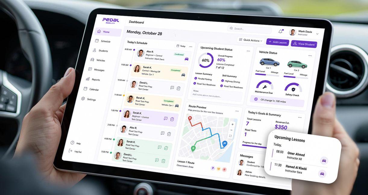 Driving instructor management software dashboard displayed on a tablet, showing daily lesson schedules, student progress, vehicle assignments, route planning, and upcoming lessons for driving school instructors.
