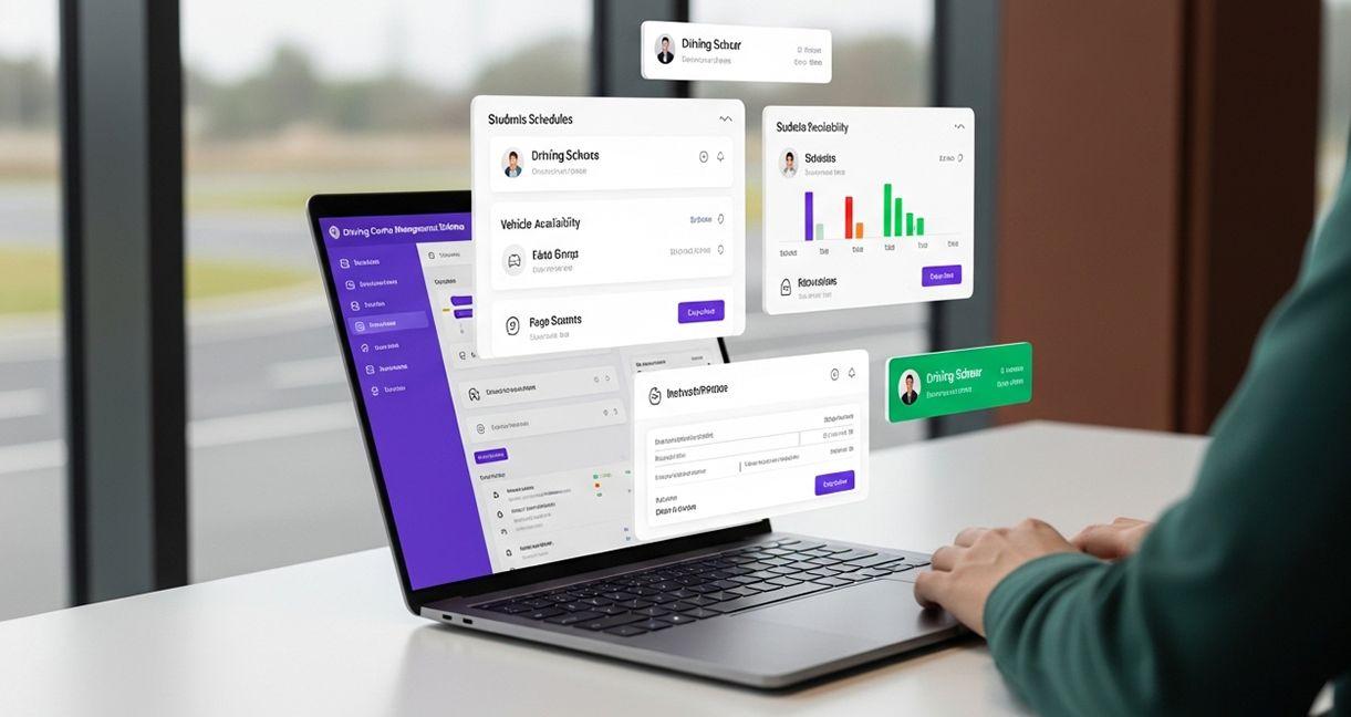 Driving centre management software dashboard showing student schedules, instructor allocation, vehicle availability, and driver training performance analytics.