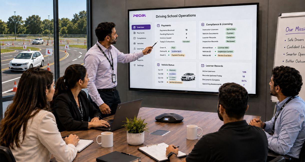 Driving school team reviewing scheduling, payments, compliance, vehicle status, and learner records using Pedal Mobility software.