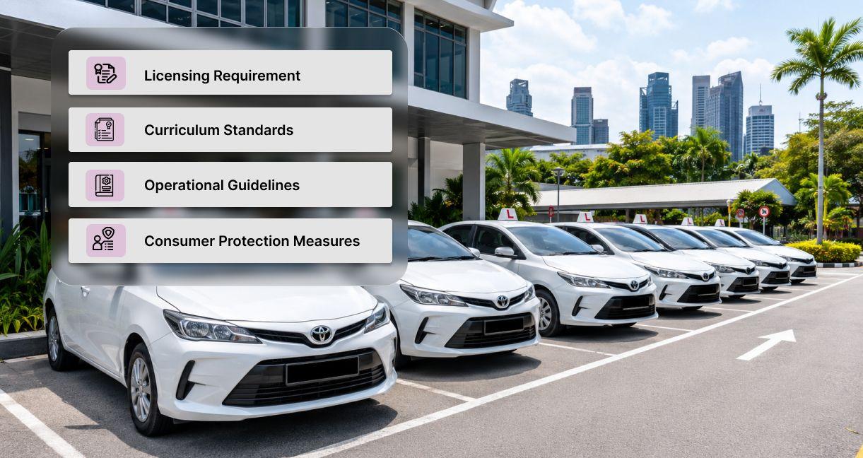 Driving school training vehicles parked outside a Singapore driving center with key compliance requirements including licensing, curriculum standards, operational guidelines, and consumer protection measures.