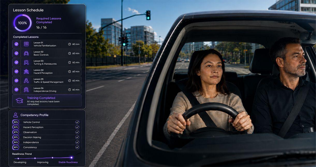 Learner driver completing a road lesson with an instructor, alongside a digital dashboard showing completed lessons, competency scores, and test-readiness progress.