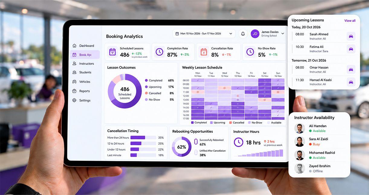 Driving school booking software dashboard showing booking analytics, lesson schedules, cancellation rates, and instructor availability.