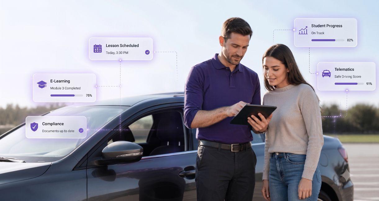Driving instructor using a tablet with a student beside a training car, showcasing driving school technology including lesson scheduling, e-learning, telematics, student progress tracking, and compliance management.