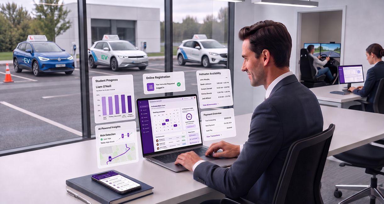 Driving school operator using digital management software to monitor student progress, instructor schedules, compliance, and online bookings.
