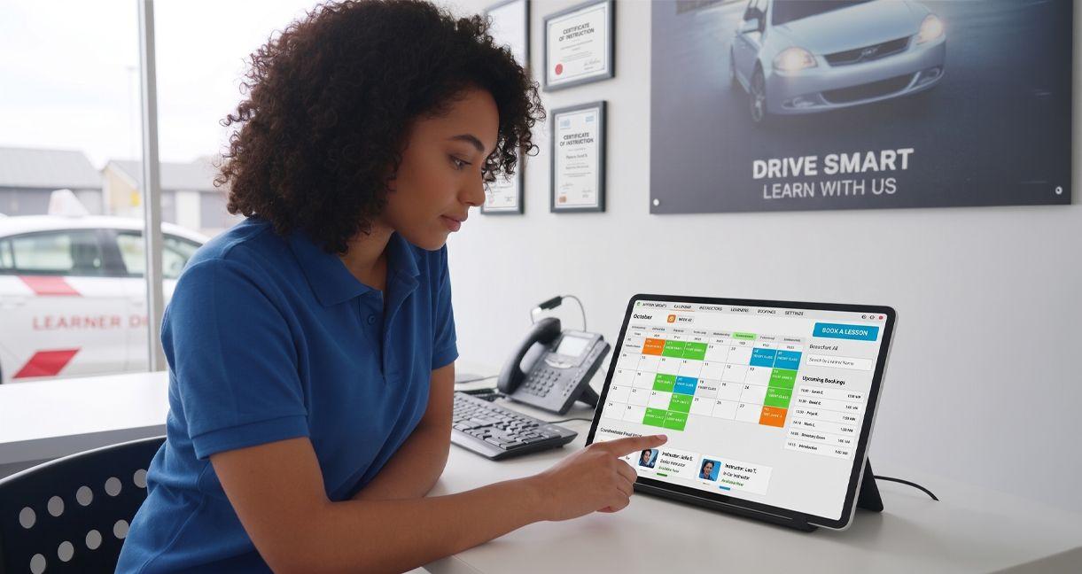 Driving school administrator using driving instructor booking software on a tablet to manage lesson schedules, instructor availability, and student bookings in real time.
