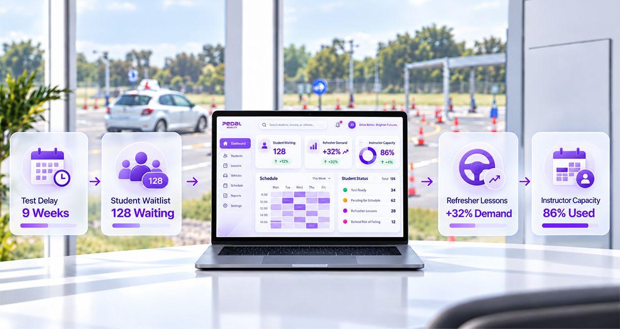 Driving school management dashboard showing test delays, student waitlist, refresher lesson demand, and instructor capacity.