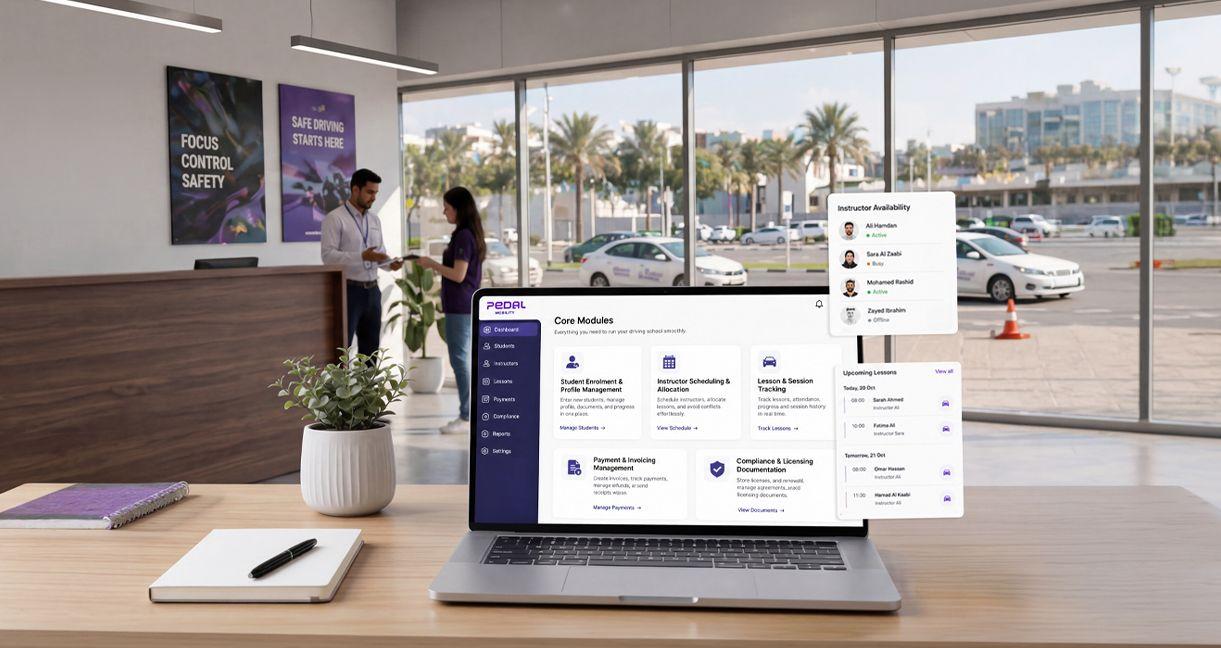 Laptop displaying driving school management software dashboard with scheduling, compliance, and student management modules inside a modern UAE driving centre office.
