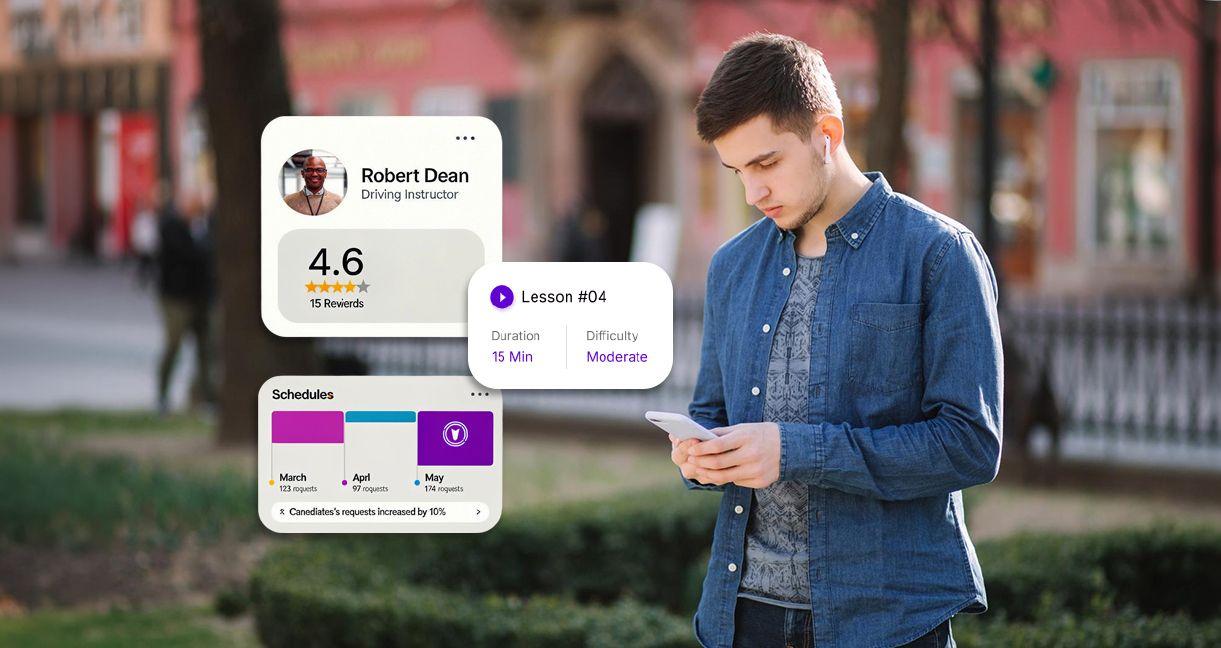 A young man checks his phone outdoors while UI cards display a driving instructor profile, lesson schedule, and booking stats from a self-service driving school portal app.