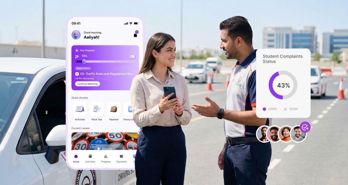 Driving instructor and student using a mobile app for driving school software to track lessons, progress, and schedules