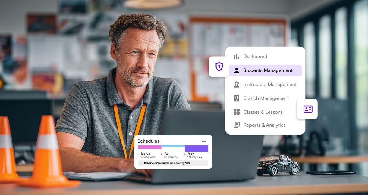 Driving school administrator reviewing student management dashboard on a laptop with digital scheduling and analytics widgets displayed on screen.