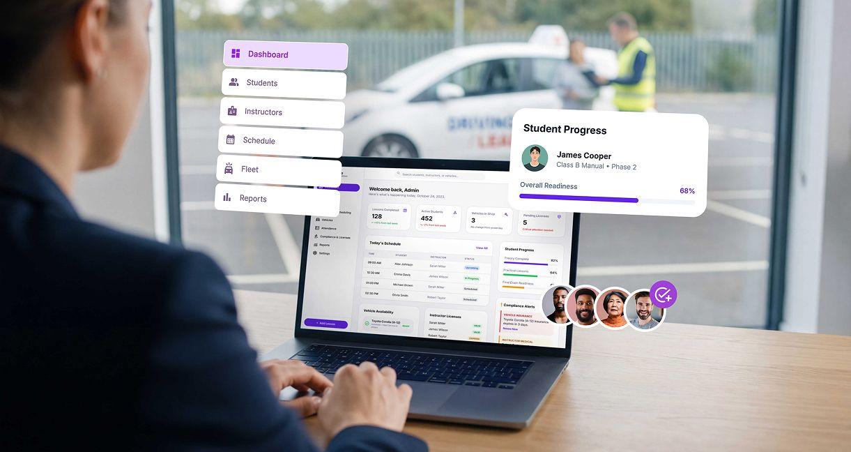 Administrator using advanced driving software dashboard to monitor student progress, instructor management, scheduling, fleet, and compliance reports in a driving school.