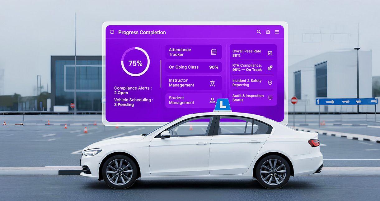 Driving school car with digital dashboard overlay showing attendance tracking, RTA compliance, scheduling alerts, and audit indicators—representing UAE driving centre management and compliance software.