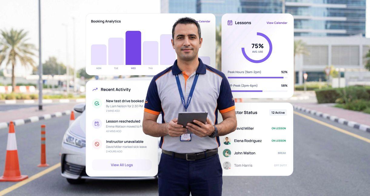 Driving instructor using a tablet with booking analytics dashboard overlay showing lesson scheduling, instructor status, and availability management.