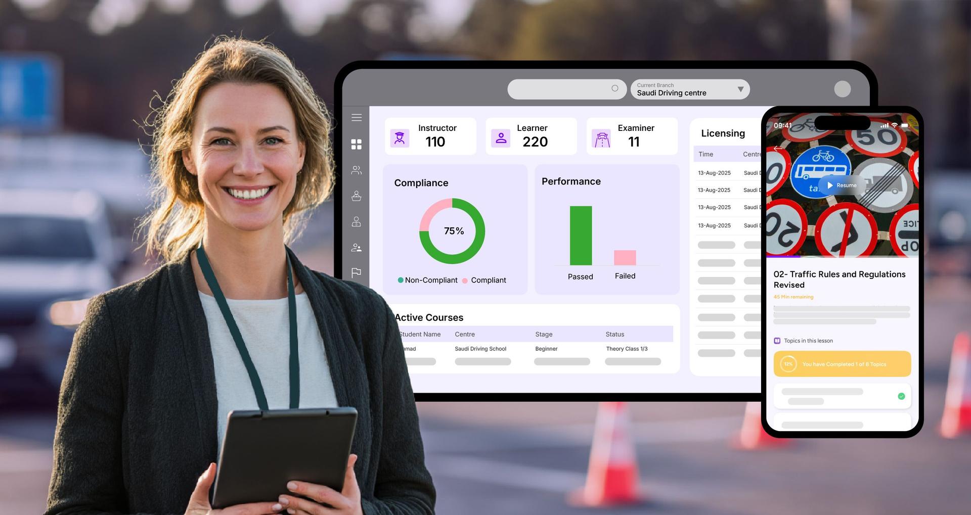 Driving school software dashboard and mobile learning app interface with female instructor, showcasing compliance, performance, and e-learning tools.
