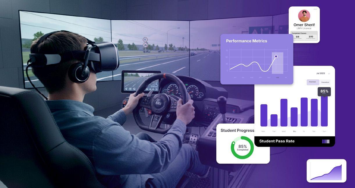 A person using a VR headset in a driving simulator, with student progress and performance metrics displayed on the screen, showcasing the integration of VR and driving school software in modern driver training.