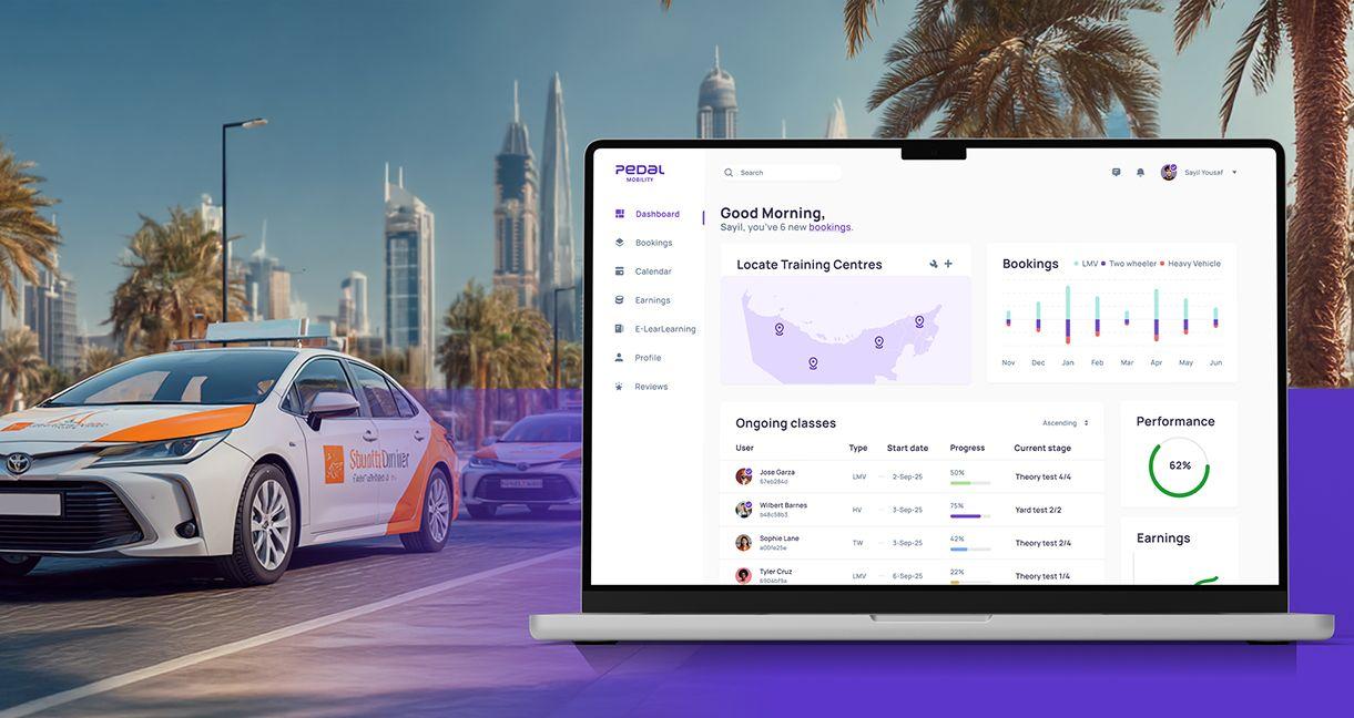 Pedal Mobility driving centre management platform dashboard displayed on a laptop screen with Dubai driving school cars in the background, showcasing smart booking, training centre locator, and performance tracking features.